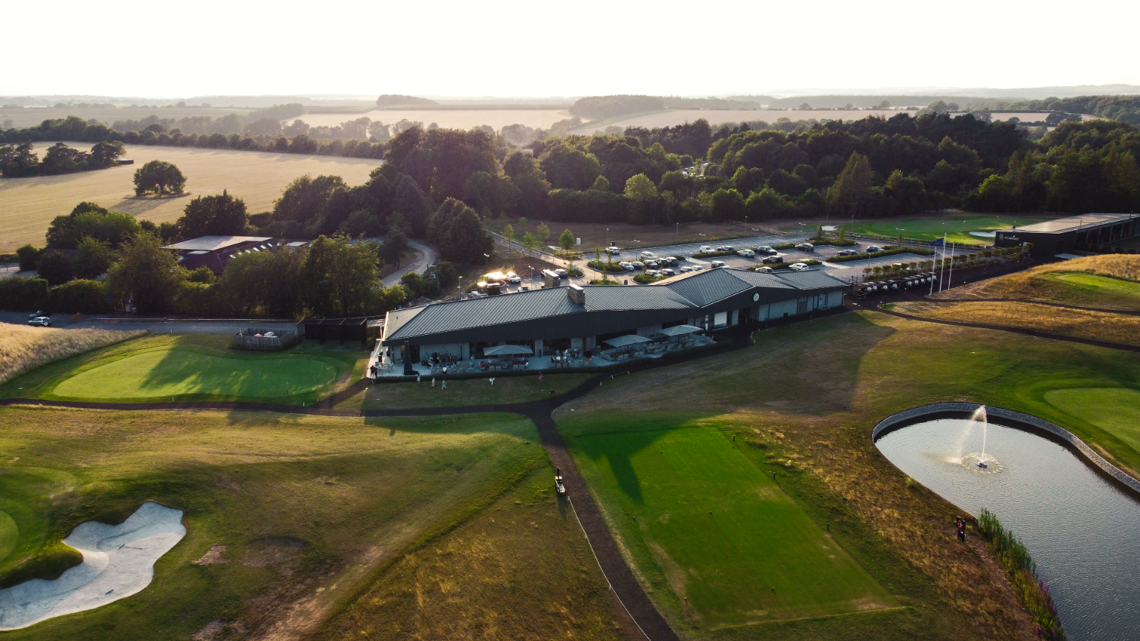 Aerial drone photography of clubhouse and countryside
