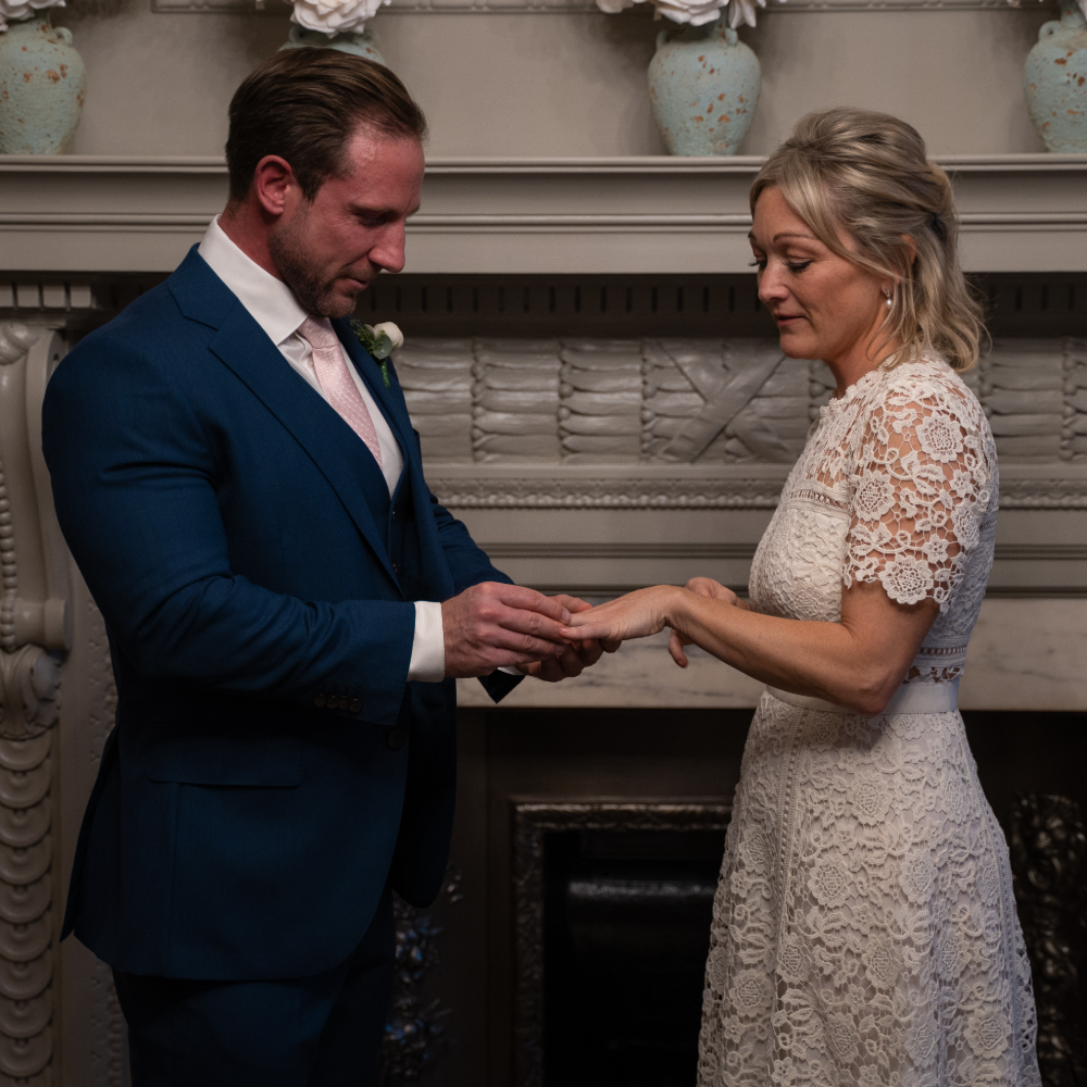 Bride and groom ring exchange during wedding ceremony